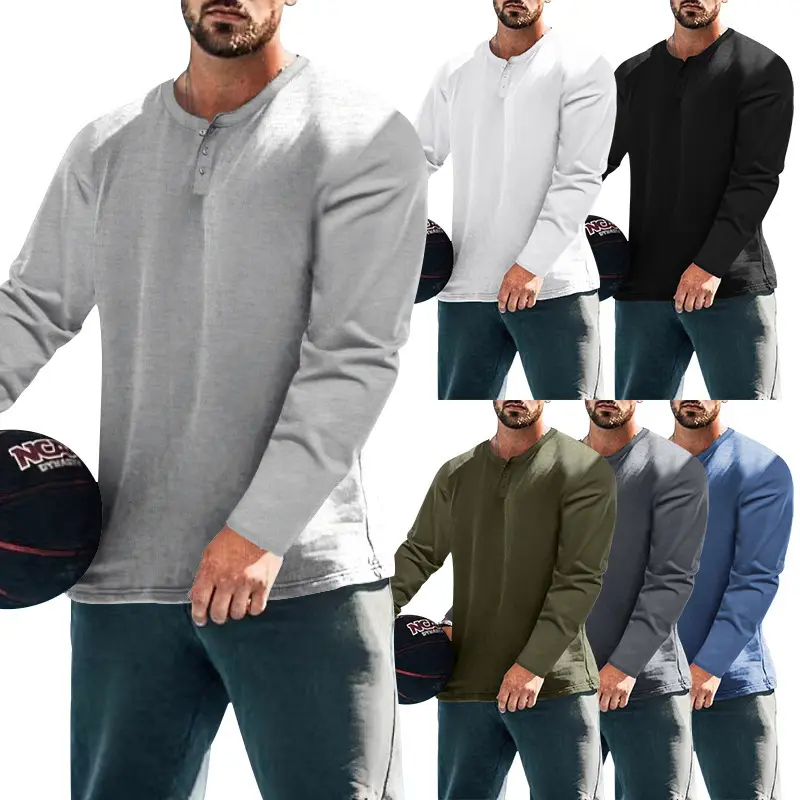 Herren Langarm-Henley-Oberteil aus Baumwoll-Mix schmal geschnitten Drune