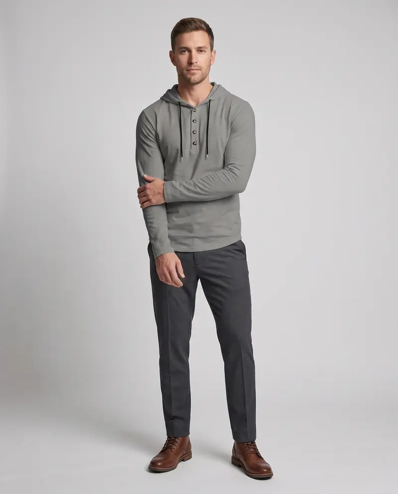 Herren Langarm-Hoodie mit Henley-Knopfleiste und Kordelzug