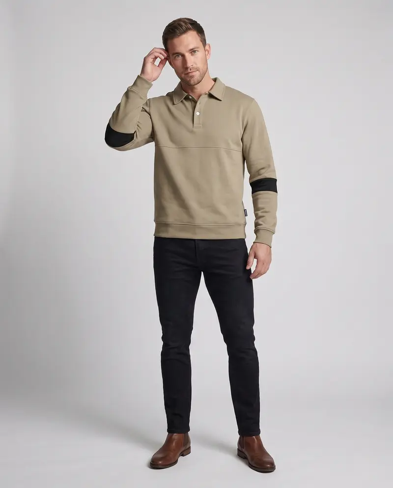 Herren Langarm Polo Sweatshirt im lässigen Look mit Knopfleiste & Kontraststreifen an den Ärmeln
