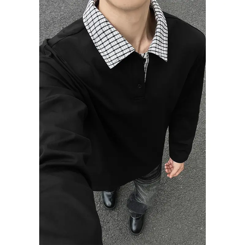 Herren Langarm-Poloshirt mit kontrastkariertem Hemdkragen Drune