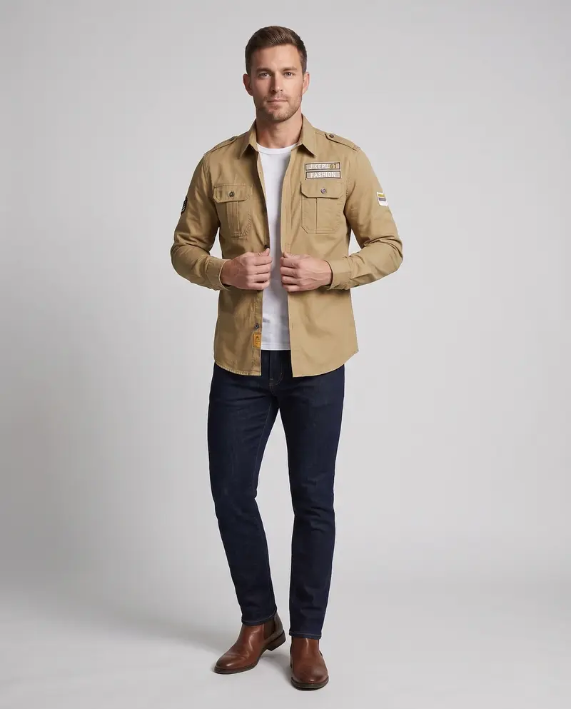 Herren Langarm Utility-Shirt mit Schulterklappen und Brusttaschen Drune