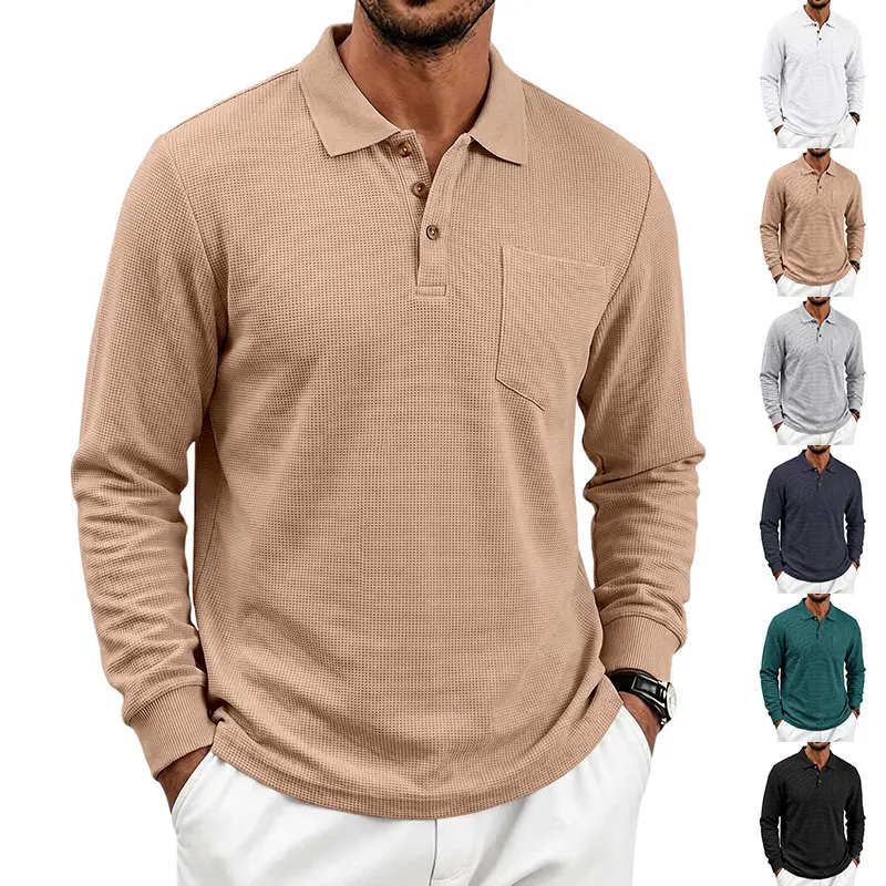 Herren Langarm-Waffelpiqué-Polo mit Knopfleiste und Brusttasche Drune