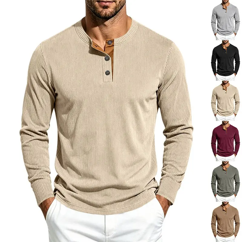 Herren Langärmeliges Rippstrick-Henley-Shirt mit Knopfleiste und Rundhalskragen Drune
