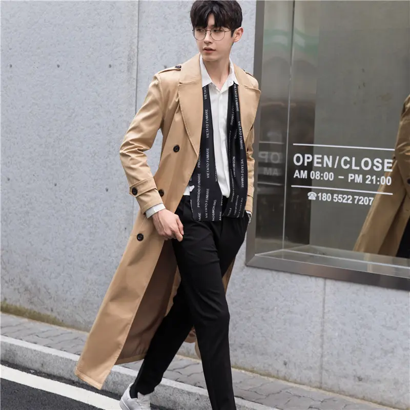Herren Lange taillierte Trenchcoat-Jacke mit Reißärmeltasche, Wind- und Wasserabweisend Drune