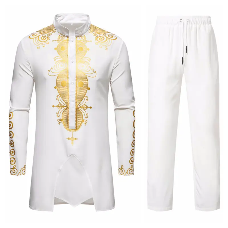 Herren Lange Tunika mit Stehkragen und goldverziertem Ornament Drune