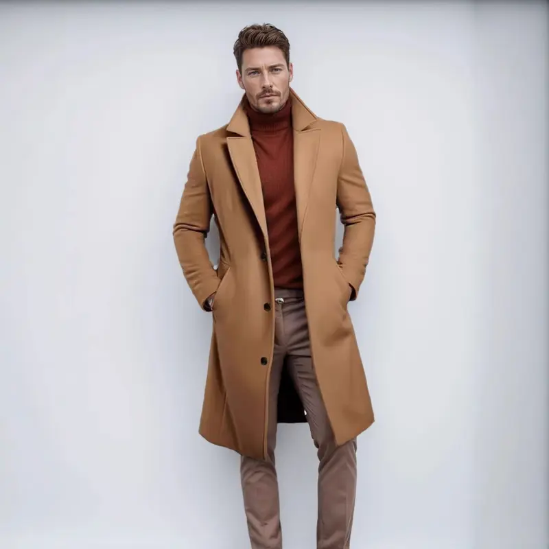 Herren Langer taillierter Mantel mit breitem Revers und edler Wollmischung Drune