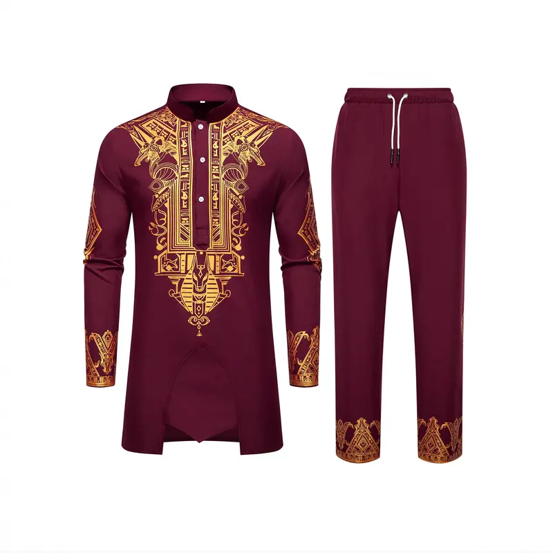 Herren Langes Tunika-Set mit Stehkragen, ägyptischer Goldprint und elastischer Joggerhose Drune