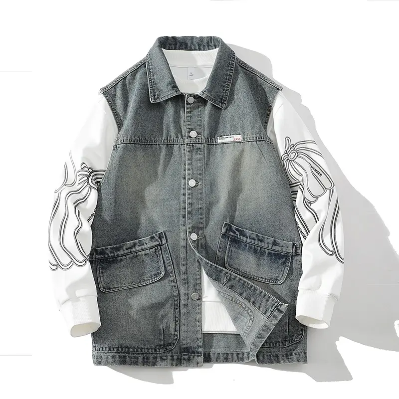 Herren Lässige Denim-Weste mit integriertem Sweatshirt-Ärmel und großen Pattentaschen Drune