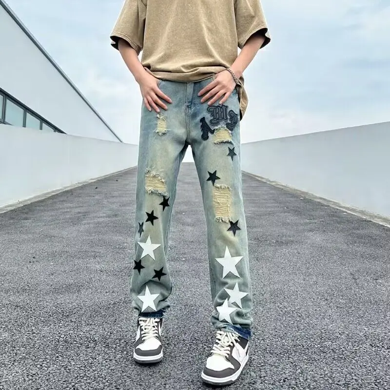 Herren Lässige Distressed Jeans mit Sternenapplikationen Drune