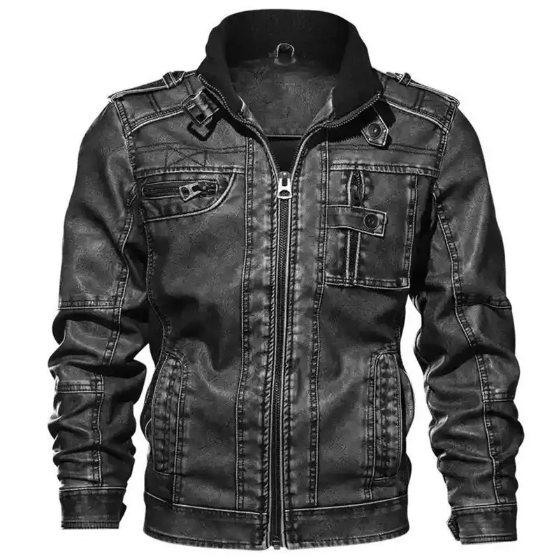 Herren Lässige Kunstleder-Bikerjacke mit Stehkragen, Reißverschluss-Front und Utility-Taschen Drune