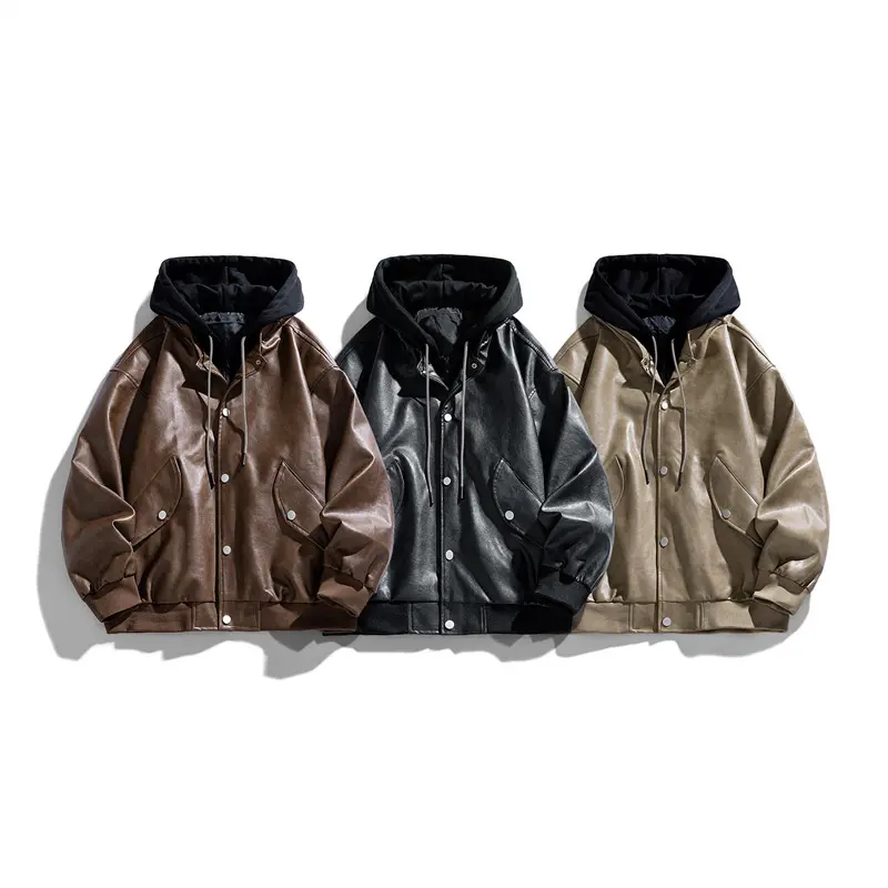 Herren Lässige Kunstleder‑Fliegerjacke im Oversize‑Cut mit kontrastkapuze & Druckknopfblende Drune