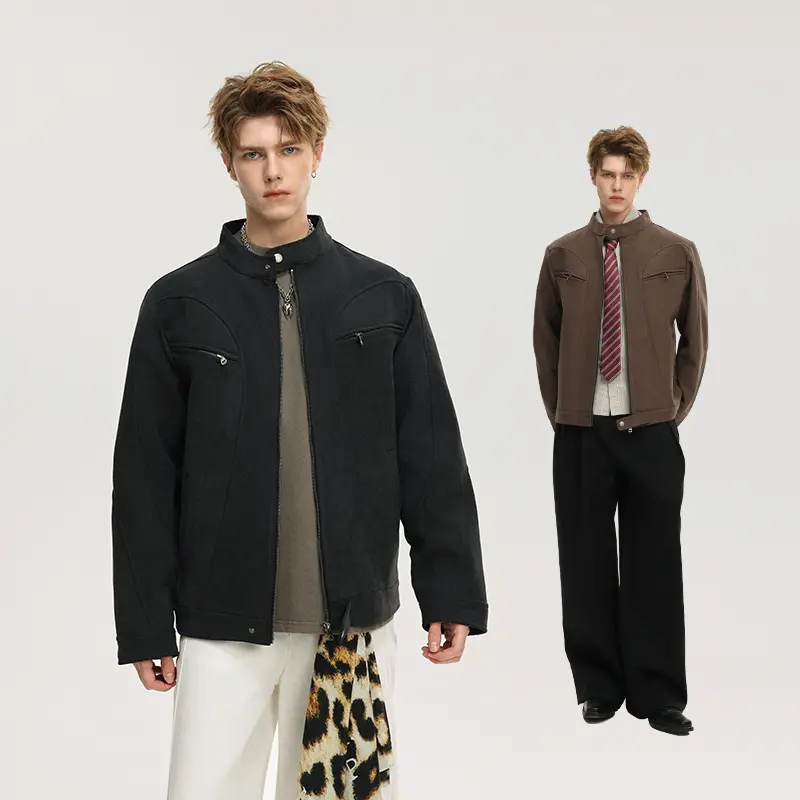 Herren Lässige Utility‑Jacke mit Stehkragen, Reißverschluss und Brusttaschen Drune