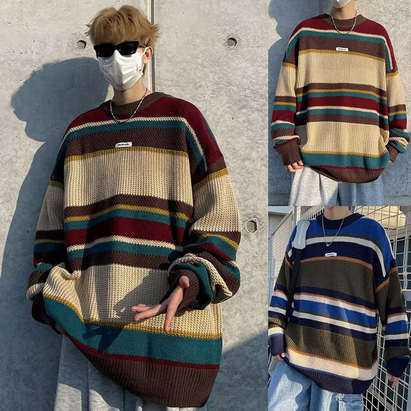 Herren Lässiger Grobstrickpullover mit buntem Streifenmuster Drune