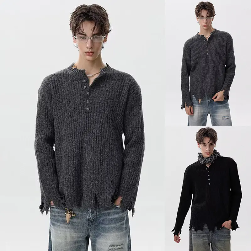 Herren Lässiger Grobstrickpullover mit Knopfleiste und rissigem Saum Drune