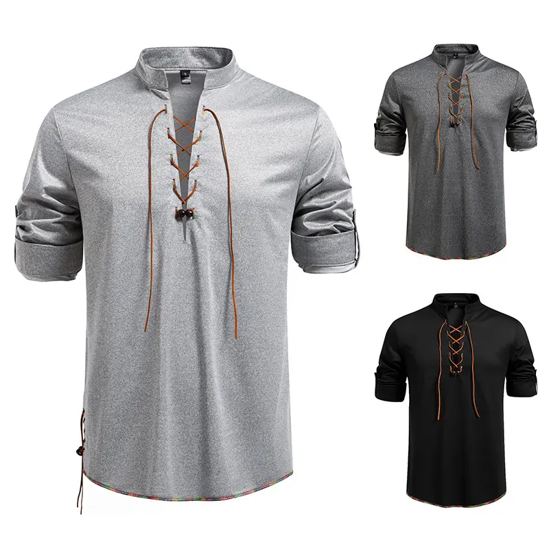 Herren Lässiges Baumwoll-Langarmshirt mit Schnürung, Stehkragen und aufkrempelbaren Ärmeln Drune