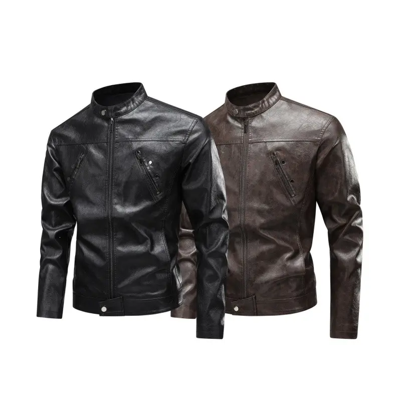 Herren Lederimitat-Bikerjacke mit Stehkragen, schmaler Passform & diagonalen Reißverschlusstaschen Drune