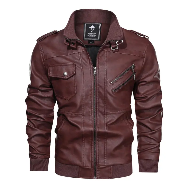 Herren Lederjacke im Biker-Stil mit Stehkragen, Reißverschluss-Taschen und elastischen Bündchen Drune