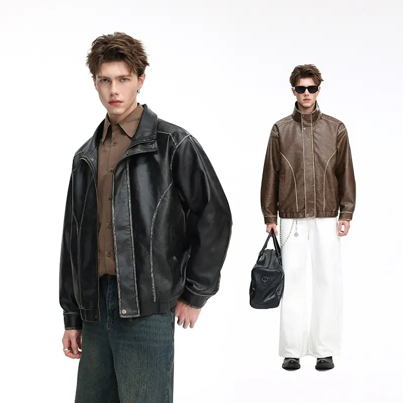 Herren Lederjacke im Vintage-Bomberstil mit Stehkragen Drune