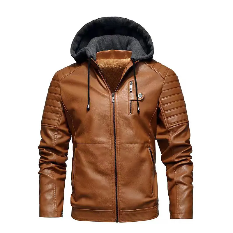 Herren Lederjacke mit abnehmbarer Kapuze Drune