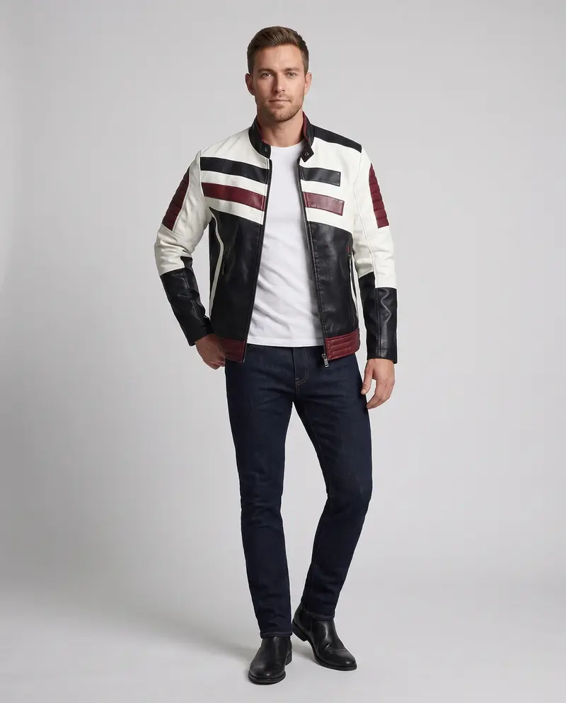 Herren Lederlook Bikerjacke mit Farbblockdesign, gesteppte Ärmel und Saumfinish Drune