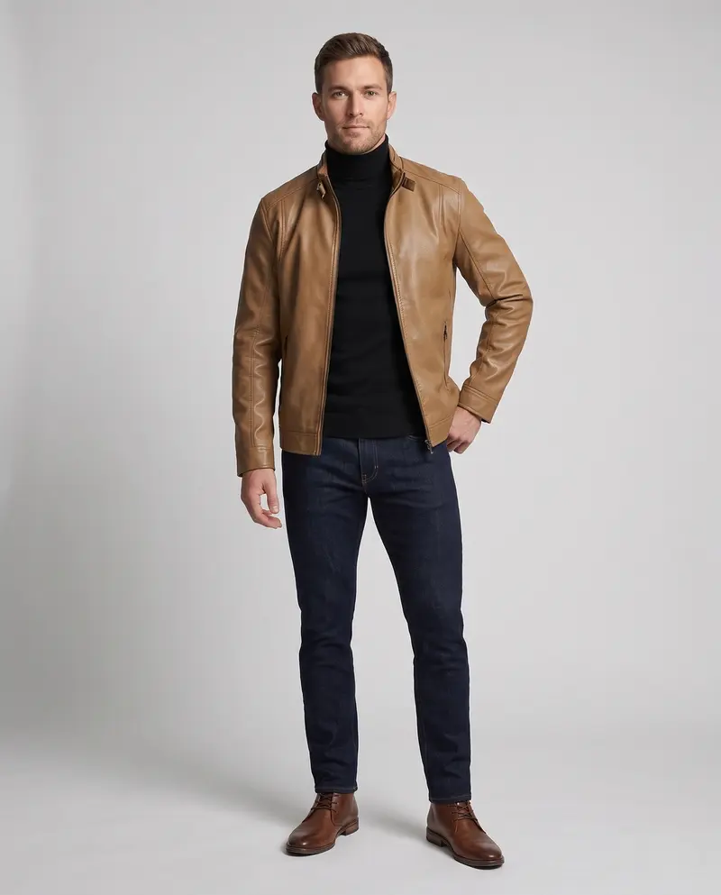 Herren Lederlook Blouson mit Stehkragen und Reißverschluss Drune