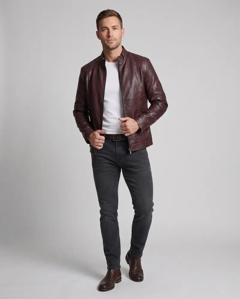 Herren Lederoptik Pilotjacke mit Stehkragen und Reißverschlusstaschen Drune