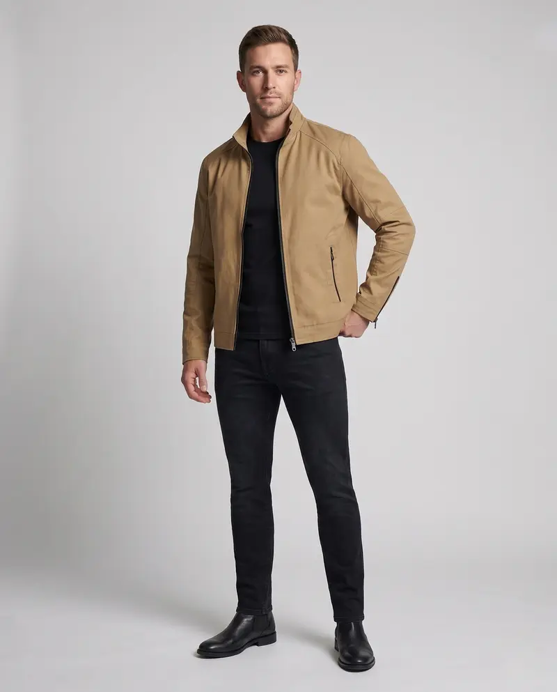 Herren leichte Baumwollmischung Utility-Jacke mit Stehkragen und Reißverschluss Drune