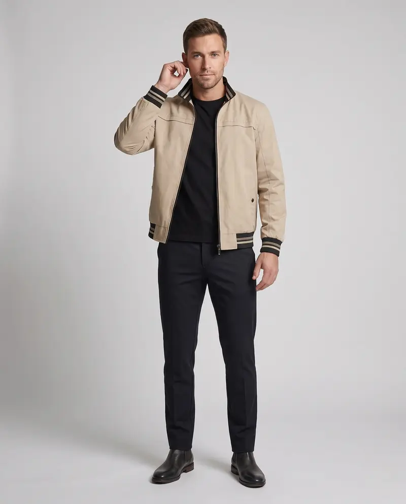 Herren Leichte Canvas Bomberjacke mit Gestreiften Rippbündchen und Stehkragen Drune
