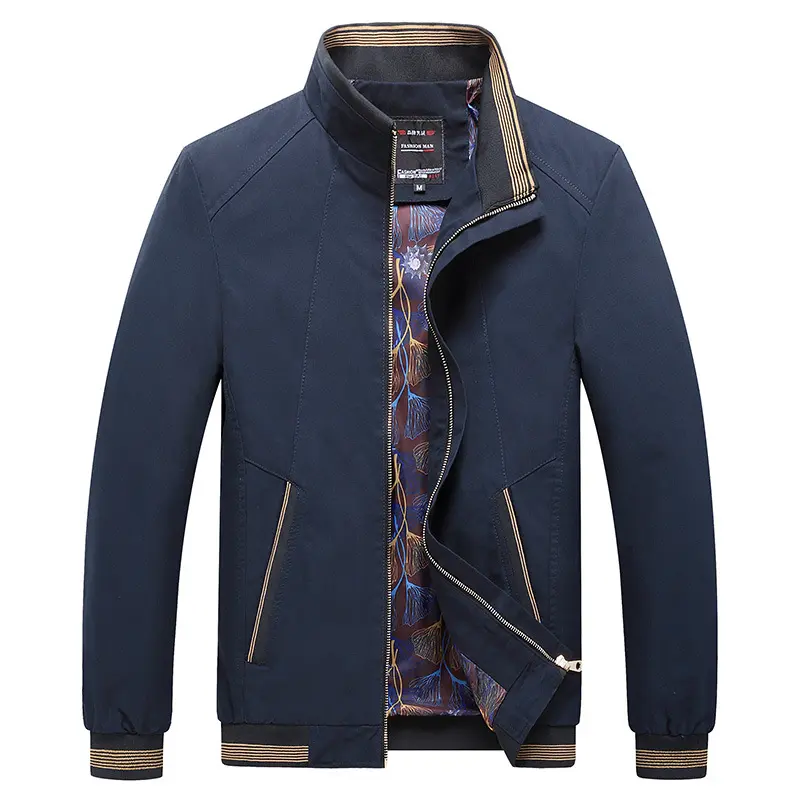 Herren Leichte Harrington-Jacke mit Stehkragen, verdecktem Reißverschluss, gestreiften Rippbündchen & gemustertem Innenfutter Drune