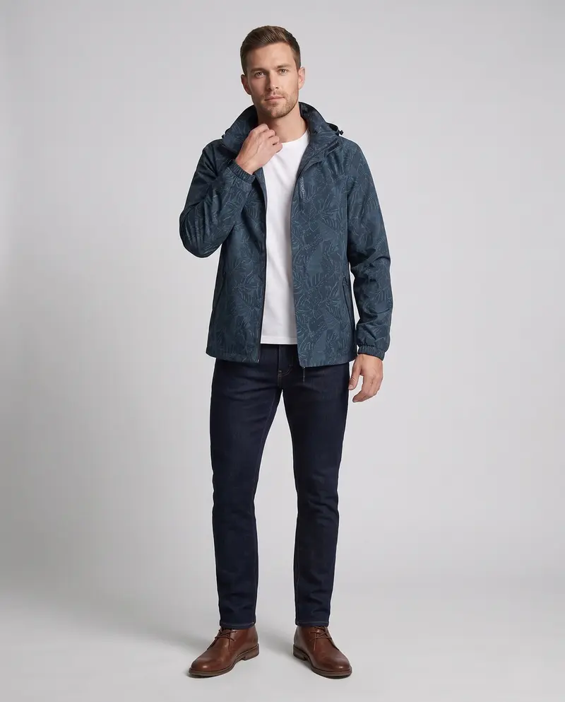Herren Leichte Hoodie-Jacke mit subtilem Blattdruck und winddichter Softshell-Außenschicht Drune