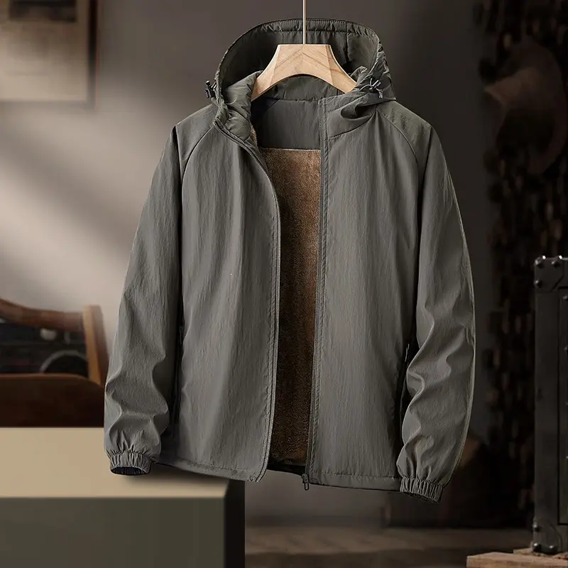 Herren Leichte Kapuzen-Übergangsjacke mit Teddyfutter & windabweisender Hülle Drune