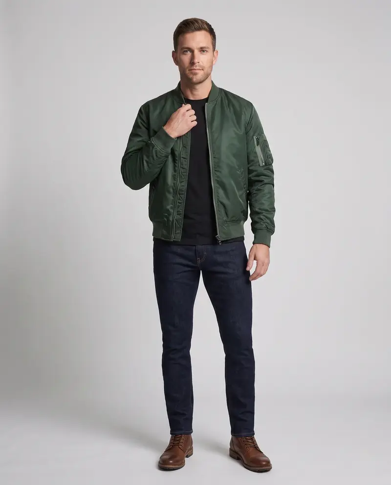 Herren Leichte Nylon Aviator Bomber mit Arm Tasche und Zwei-Wege Reißverschluss Drune