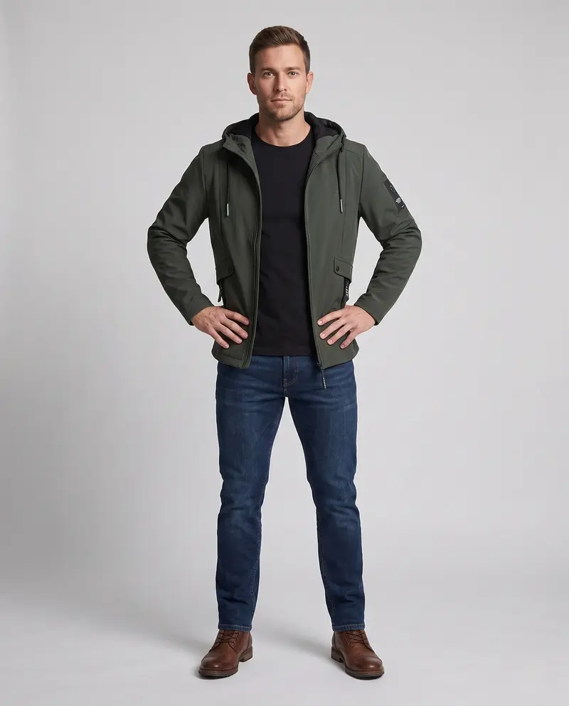 Herren leichte Softshell-Parka mit Kapuze, winddichte Oberfläche, verdeckter Reißverschluss und Klappentaschen