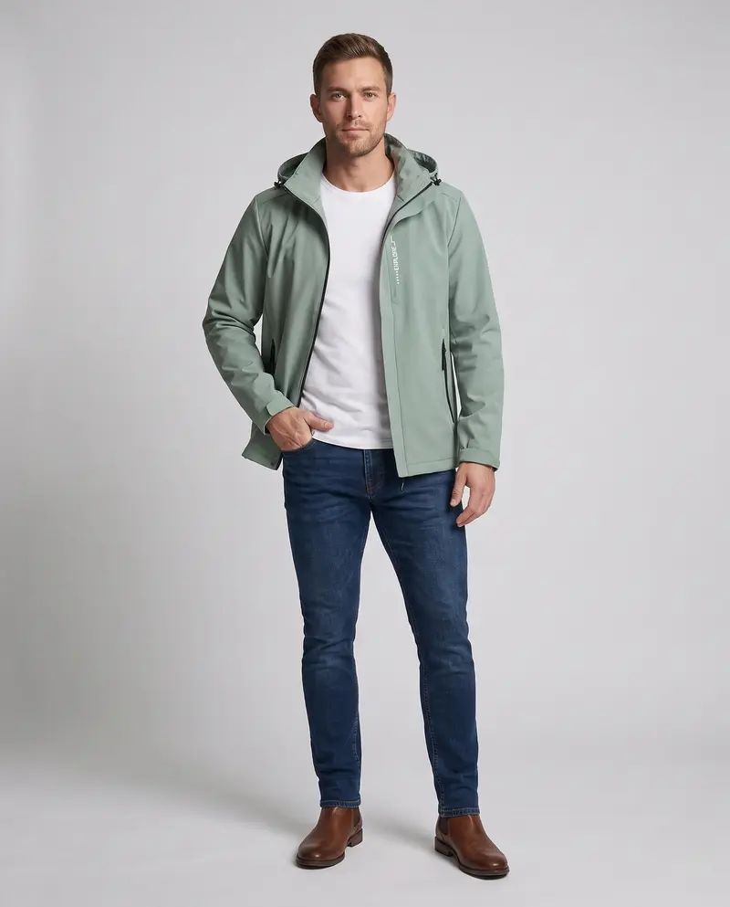 Herren leichte technische Softshelljacke mit verstellbarer Kapuze, wind- und wasserabweisend Drune