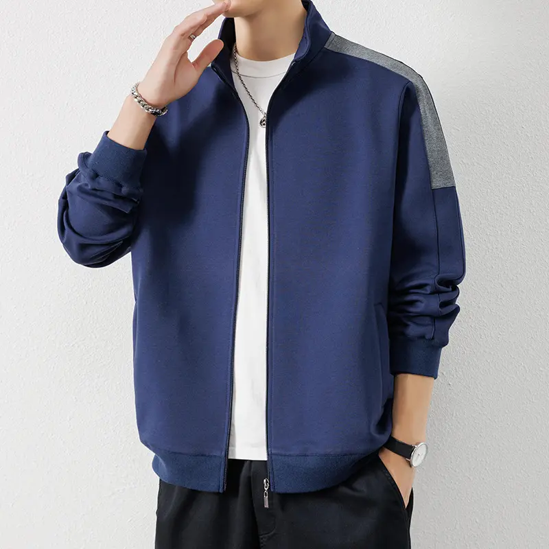 Herren Leichte Zip‑Trainingsjacke im Minimalstil mit Stehkragen und Kontrastpaspel Drune