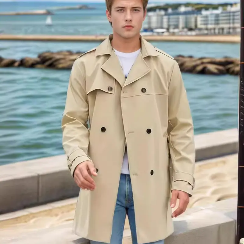 Herren Leichter Doppelreihiger Trenchcoat mit Wasserabweisender Beschichtung Drune