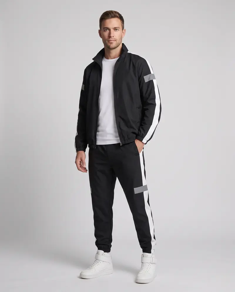Herren leichter sportlicher Trainingsanzug mit Windbreaker, reflektierenden Einsätzen und schmal zulaufenden Jogginghosen