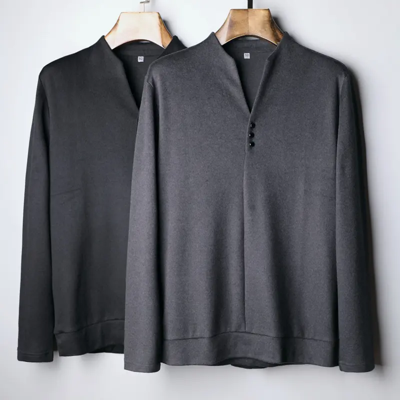Herren Leichtes Feinstrick-Longsleeve mit verdeckter Knopfleiste und Stehkragen Drune