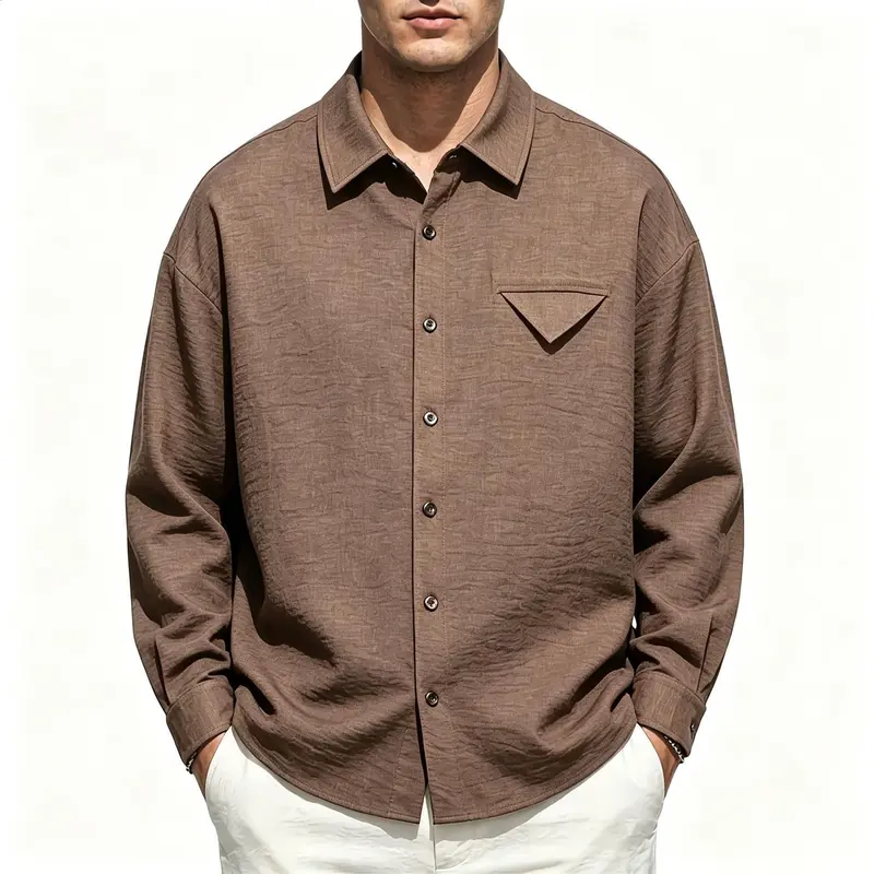 Herren Leichtes Texturiertes Overshirt mit Hemdkragen und Brustklappen-Tasche Drune