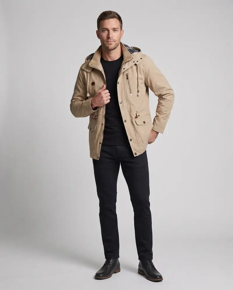 Herren leichtgewichtige Kapuzen-Canvas-Parka mit Zugband, Klappentaschen und Reißverschlusstasche auf der Brust Drune