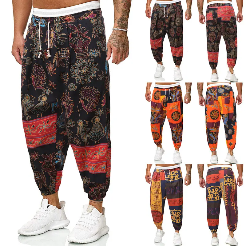 Herren Locker sitzende Patchwork-Loungehose mit Tunnelzug, elastischen Knöcheln und dekorativem Allover-Print Drune