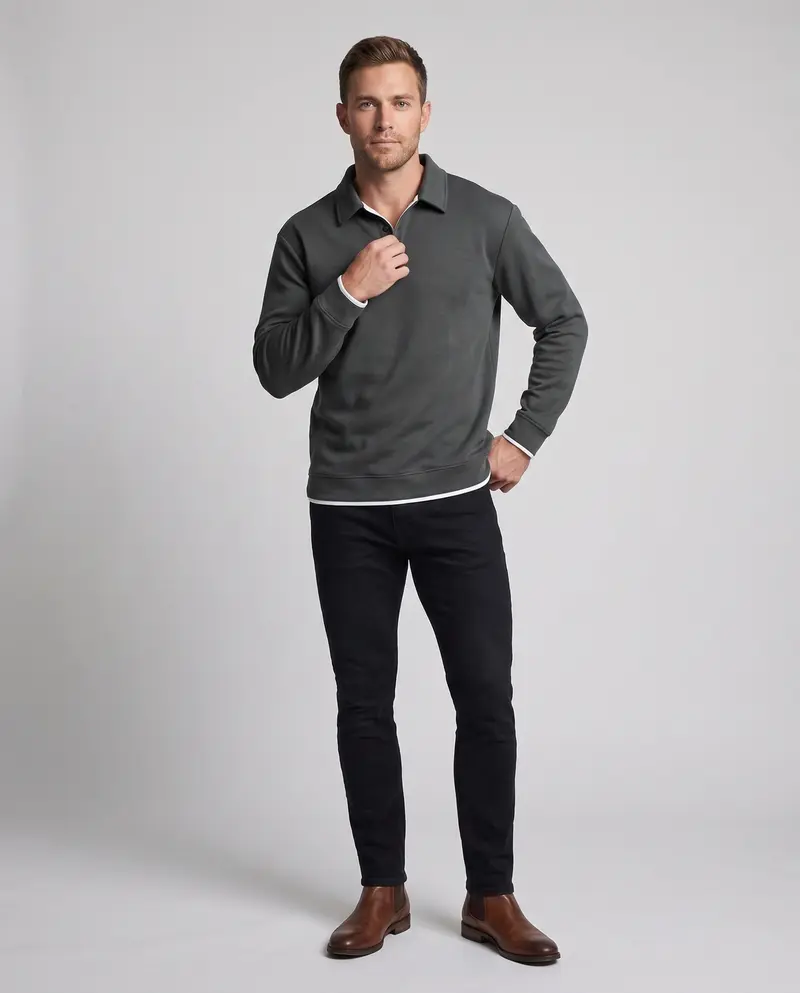 Herren lockere Passform Polohemd Sweatshirt mit Hemdkragen, subtiler Knopfleiste und kontrastierenden Kragen- und Ärmelverzierungen