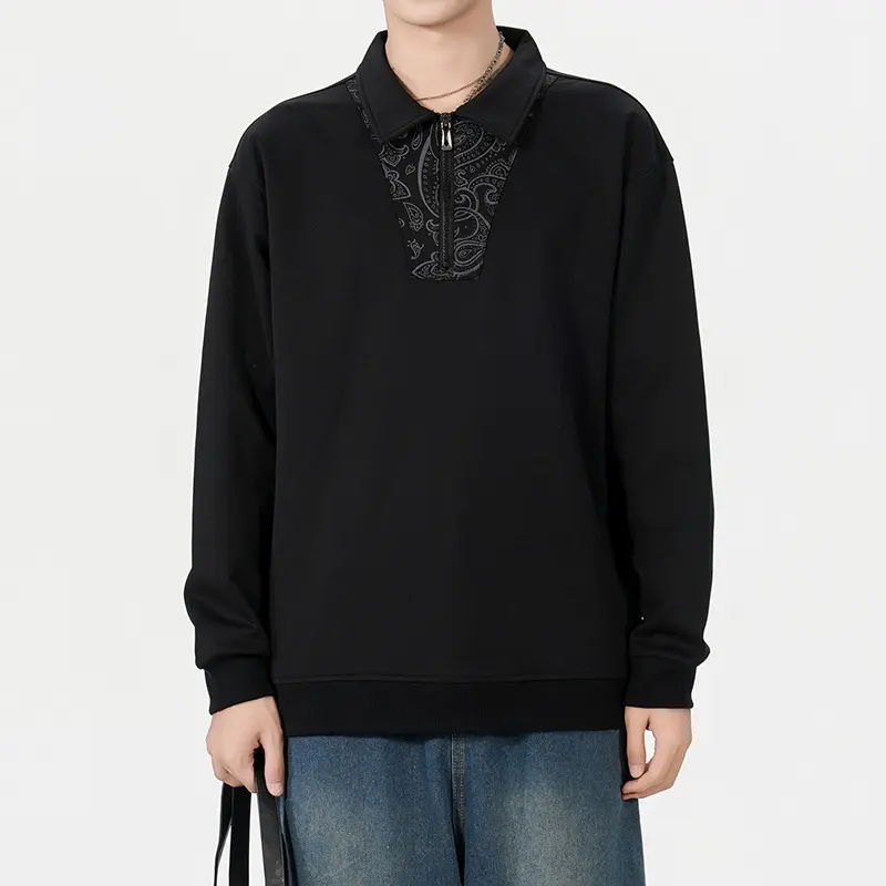 Herren Lockeres Sweatshirt mit Polokragen, halbem Reißverschluss und Paisley-Besatz Drune