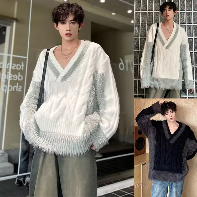 Herren Luxuriöser Grobstrickpullover mit tiefem V-Ausschnitt Drune
