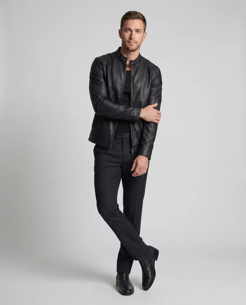Herren maßgeschneiderte Kunstlederjacke im Biker Blouson Stil mit Stehkragen und Reißverschluss Drune