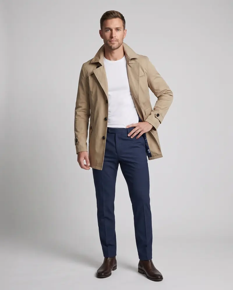 Herren maßgeschneiderter Trenchcoat mit kontrastierendem gemustertem Futter und verdeckter Knopfleiste