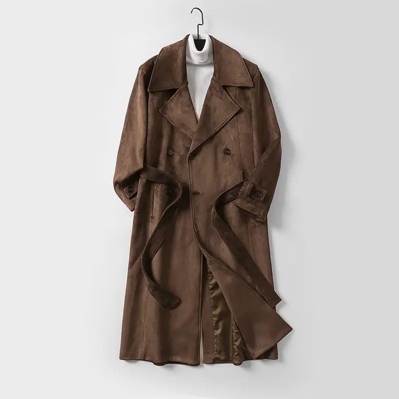 Herren Maxilanger Trenchcoat aus Velourslederoptik mit Doppelreihe und Taillenband Drune