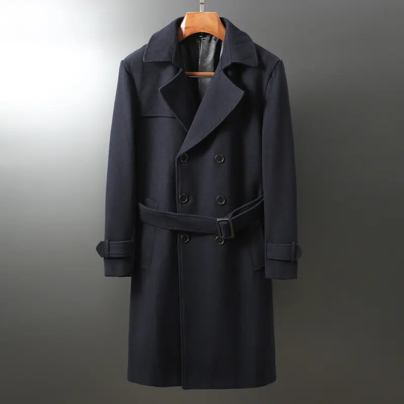 Herren Maxilanger Woll-Mantel im Trench-Look mit doppelreihiger Knopfleiste und Bindegürtel Drune