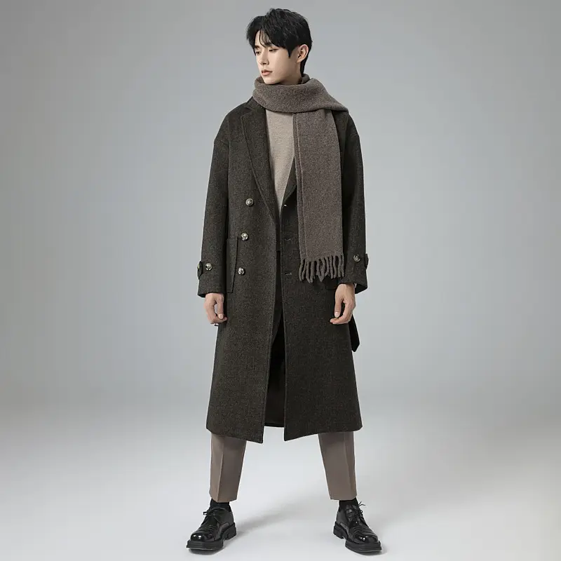 Herren Maxilanger Wollmix-Mantel im Tweed-Look mit Oversize-Schnitt, Doppelreihe und Bindegürtel Drune