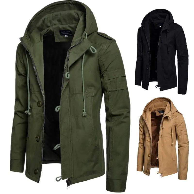 Herren Militärisch inspirierte Kapuzenjacke aus Canvas mit Tunnelzug Mehrfachtaschen und Epauletten Drune